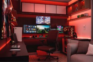 interior design, home office, modern interior, bedroom, study, pc, earphone, headphones, music, sound, technology, games, playstation, gamer, ps4, ps5, console, play, xbox, red, space red, night, led, dark, render